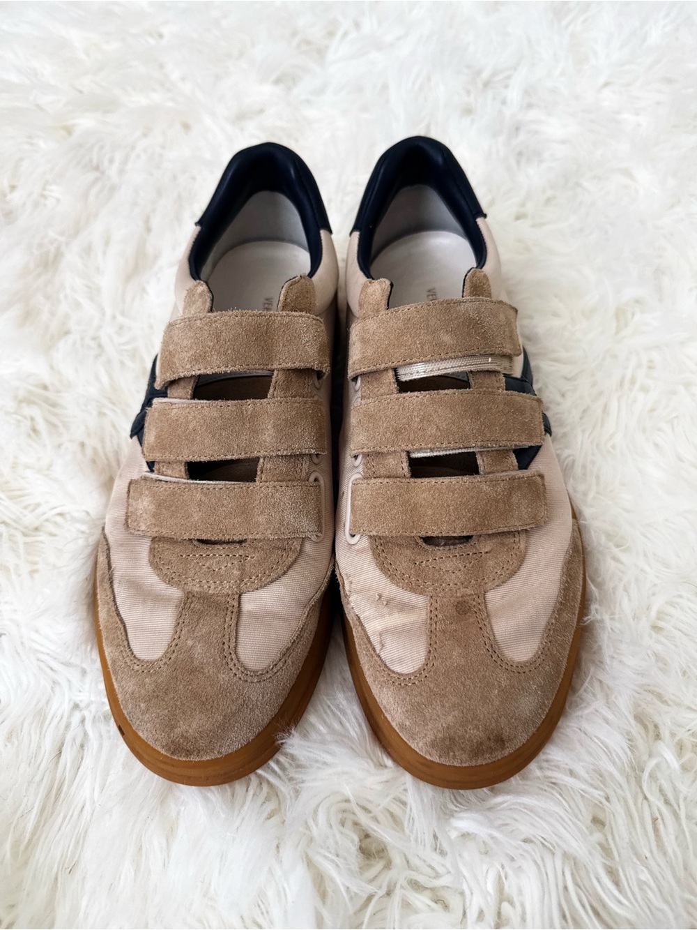 Veronica Beard Beige Suede & Canvas Velcro Sneakers